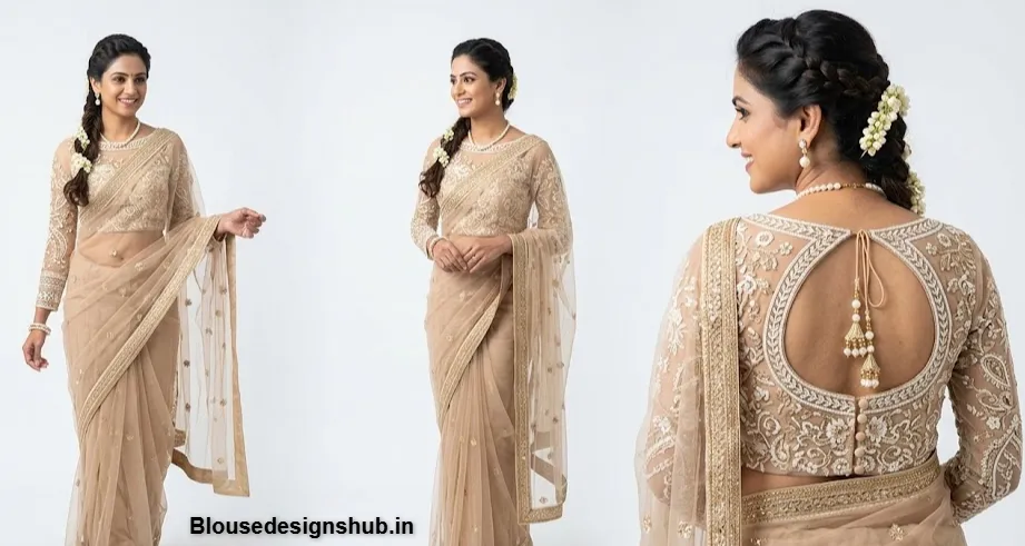 Beige Net Boat Neck Blouse with Thread Embroidery and Back Keyhole