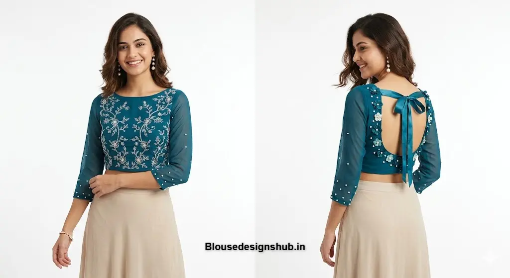 Teal Blue Georgette Boat Neck Blouse for Girls with Pearl Embroidery and back Tie