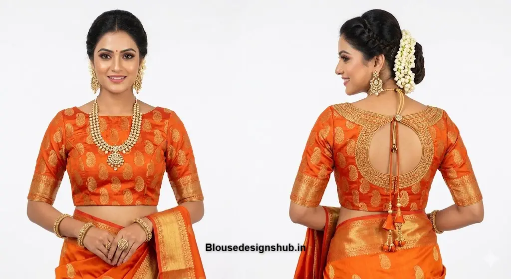 Orange Brocade Silk Boat Neck Blouse with Gold Motifs and Back Doris