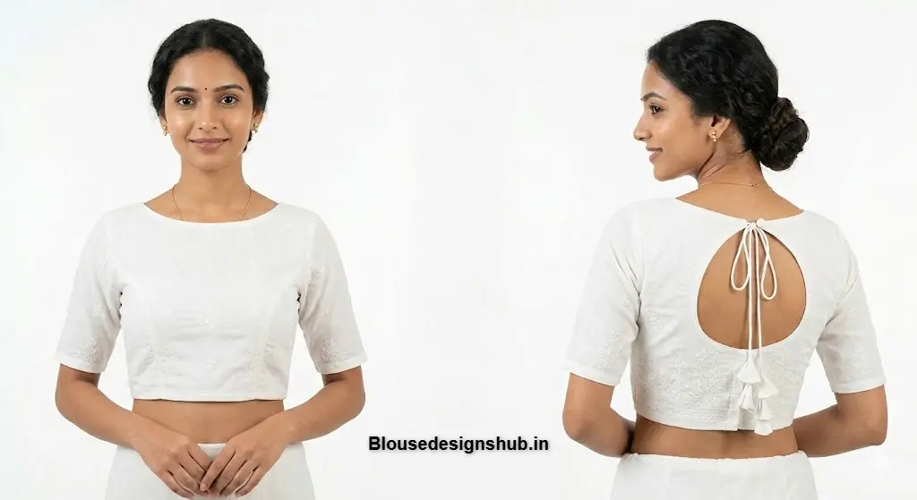 White Cotton Boat Neck Blouse with Subtle Embroidery and Back Keyhole