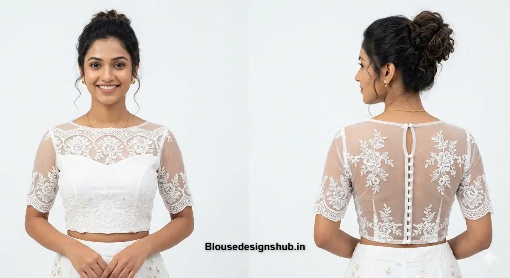 Chic White Net & Lace Boat Neck Blouse Design with Sheer Back