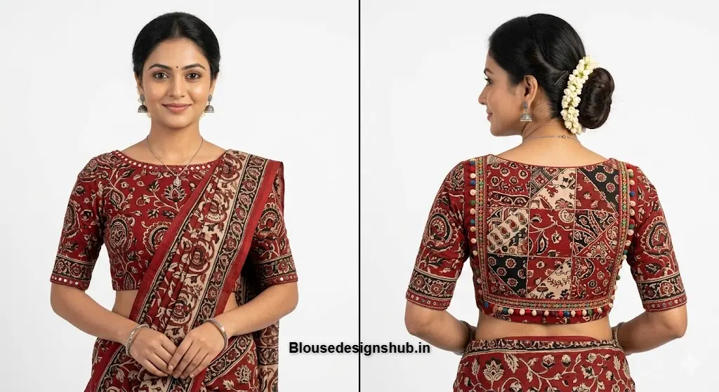 Beautiful Kalamkari Printed Boat Neck Blouse with Patchwork Back Design
