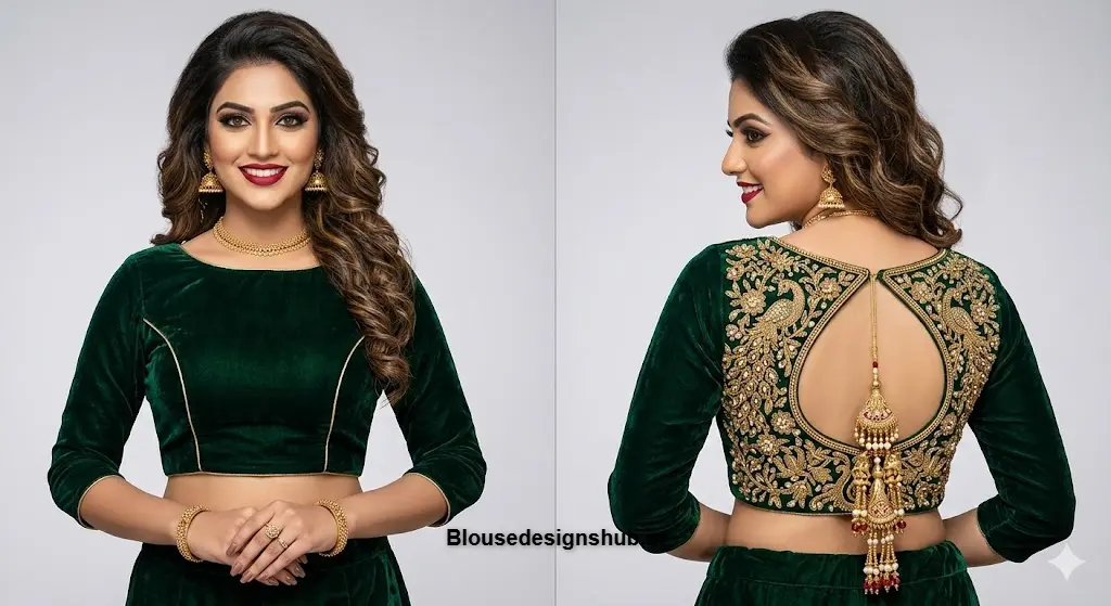 Glamorous Emerald Green Velvet Boat Neck Blouse with Gold Embellishments