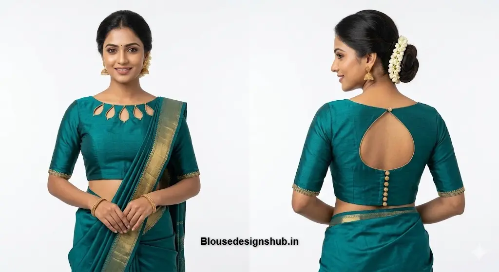 Teal Silk Boat Neck Blouse Design with Teardrop Cutouts and Gold Beads