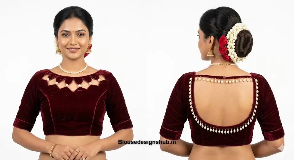 Maroon Velvet Boat Neck Blouse with Pearl Bead Cutout Patterns