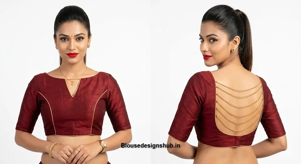 Bold Maroon Raw Silk Boat Neck Blouse with Gold Chain-Link Back Design