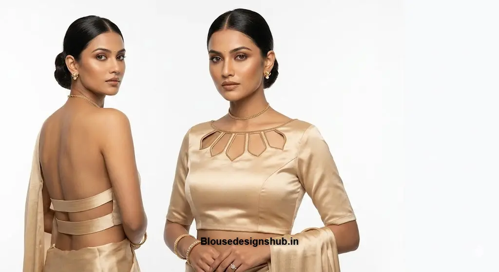 Champagne Gold Satin Boat Neck Blouse with Backless Strap Design