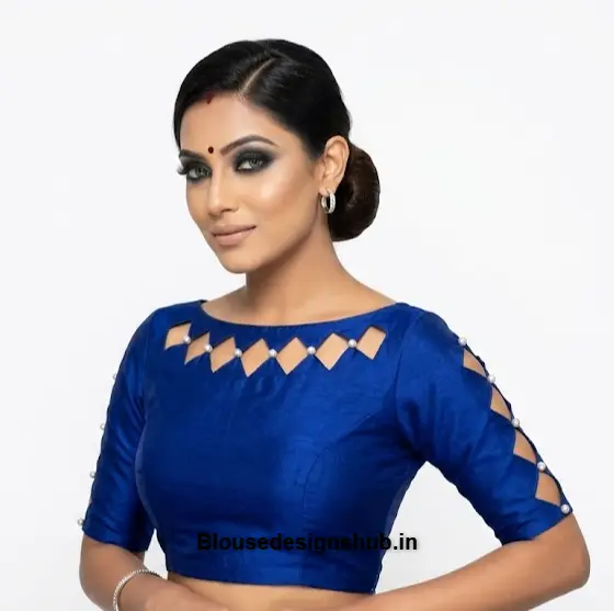 Designer Boat Neck Blouse with Diamond Cut-outs and Pearl Detail