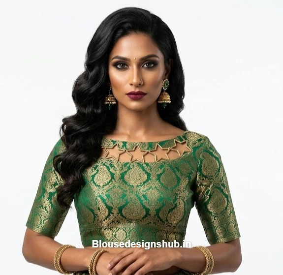 Ethnic Emerald Green Boat Neck Blouse with Star Cut-out Links