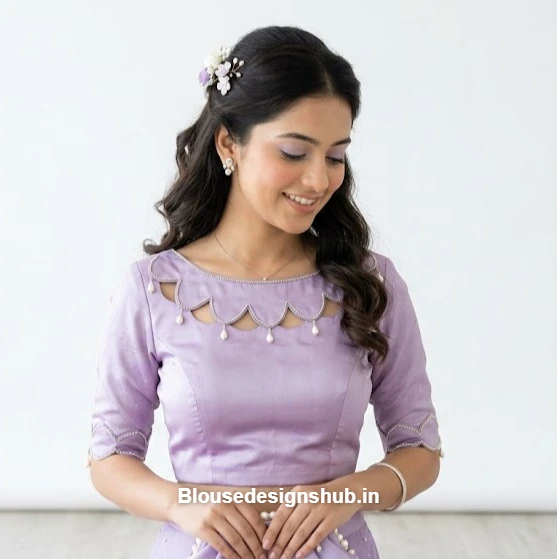 Chic Scalloped Edge Boat Neck Blouse Design with Pearl Drops