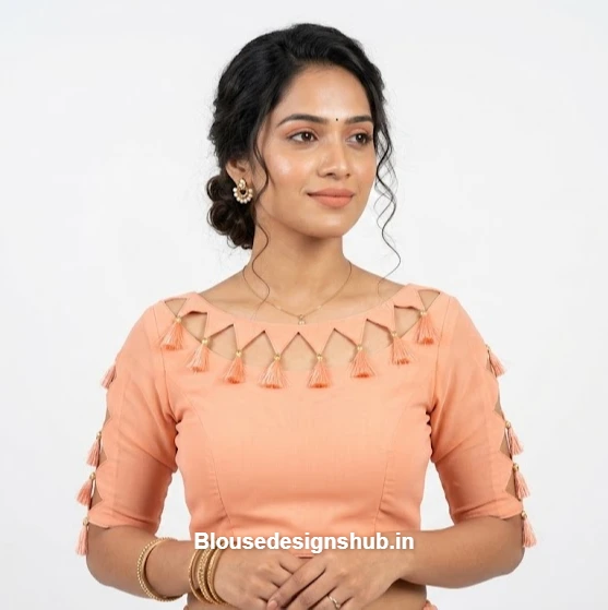 Trendy Zig-Zag Fabric Link Boat Neck Blouse Design for Parties