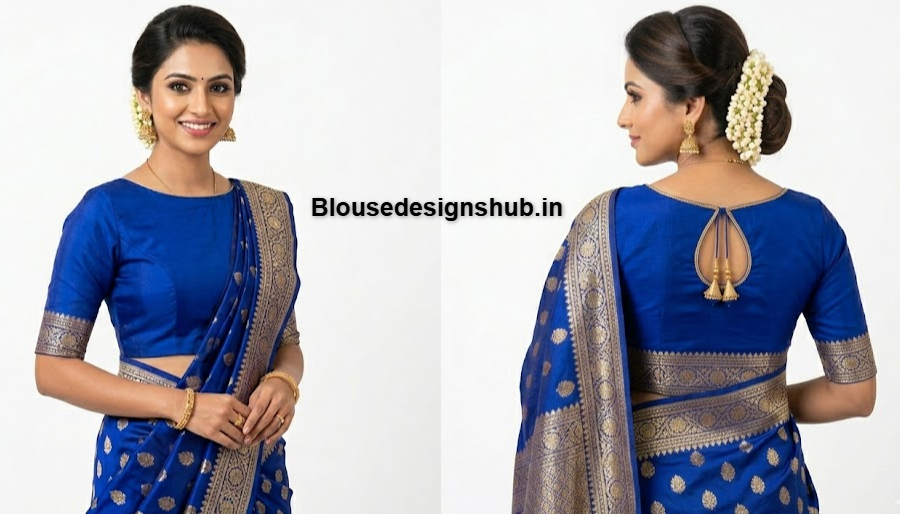 Royal Blue Banarasi Silk Boat Neck Blouse with Gold Motifs and Back Keyhole