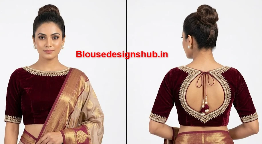 Velvet Boat Neck Blouse Design Maroon color