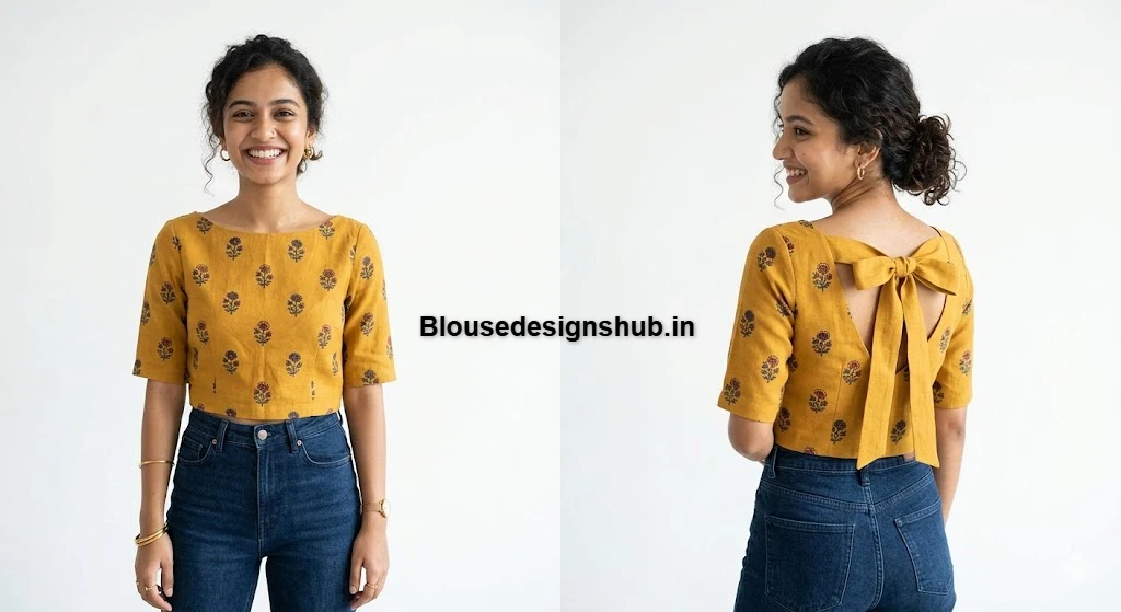 Mustard Yellow Linen Boat Neck Blouse with Back Bow Design