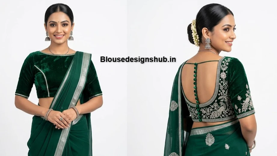 Emerald Green Velvet Boat Neck Blouse with Silver Embroidery and Back Buttons