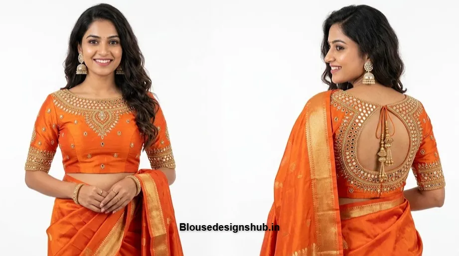 Orange Silk Boat Neck Blouse with Original Mirror Work and Back Cutout