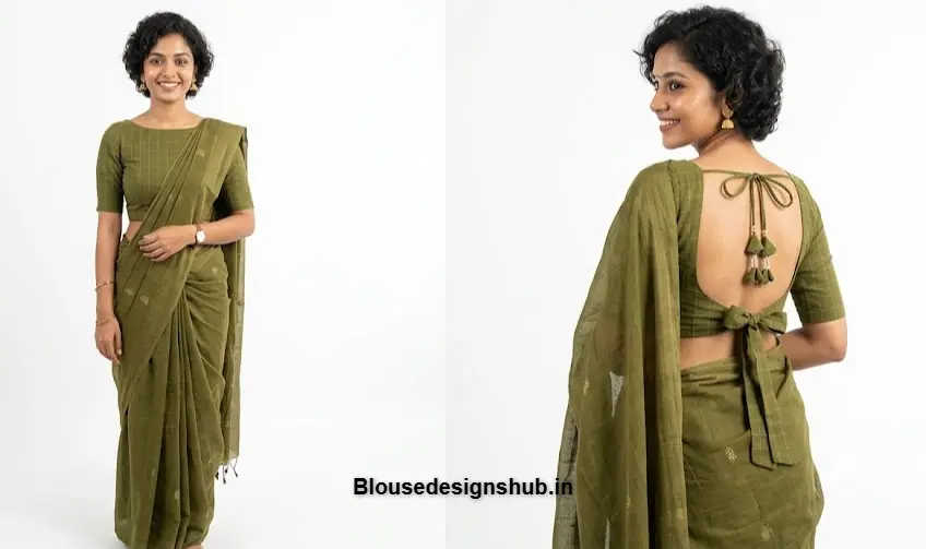 Olive Green Cotton Boat Neck Blouse with Simple Back Tie Design