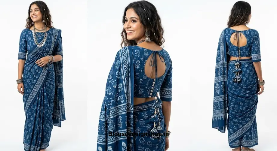 Indigo Blue Hand-Block Print Boat Neck Blouse with Potli Buttons and Back Tie