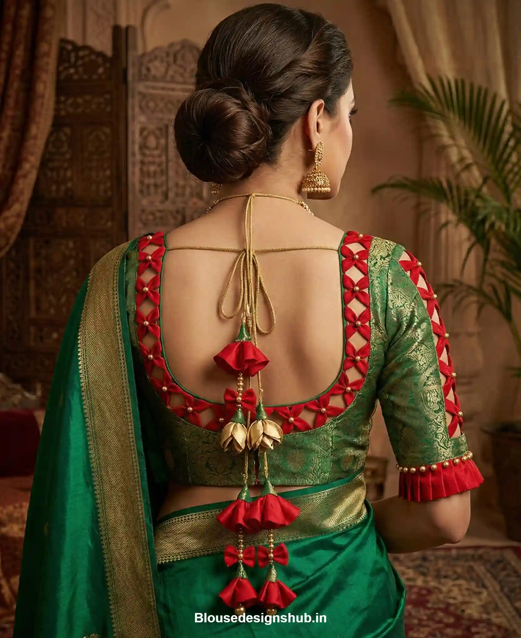 green brocade back with red lattice and sleeve cutout patterns blouse design