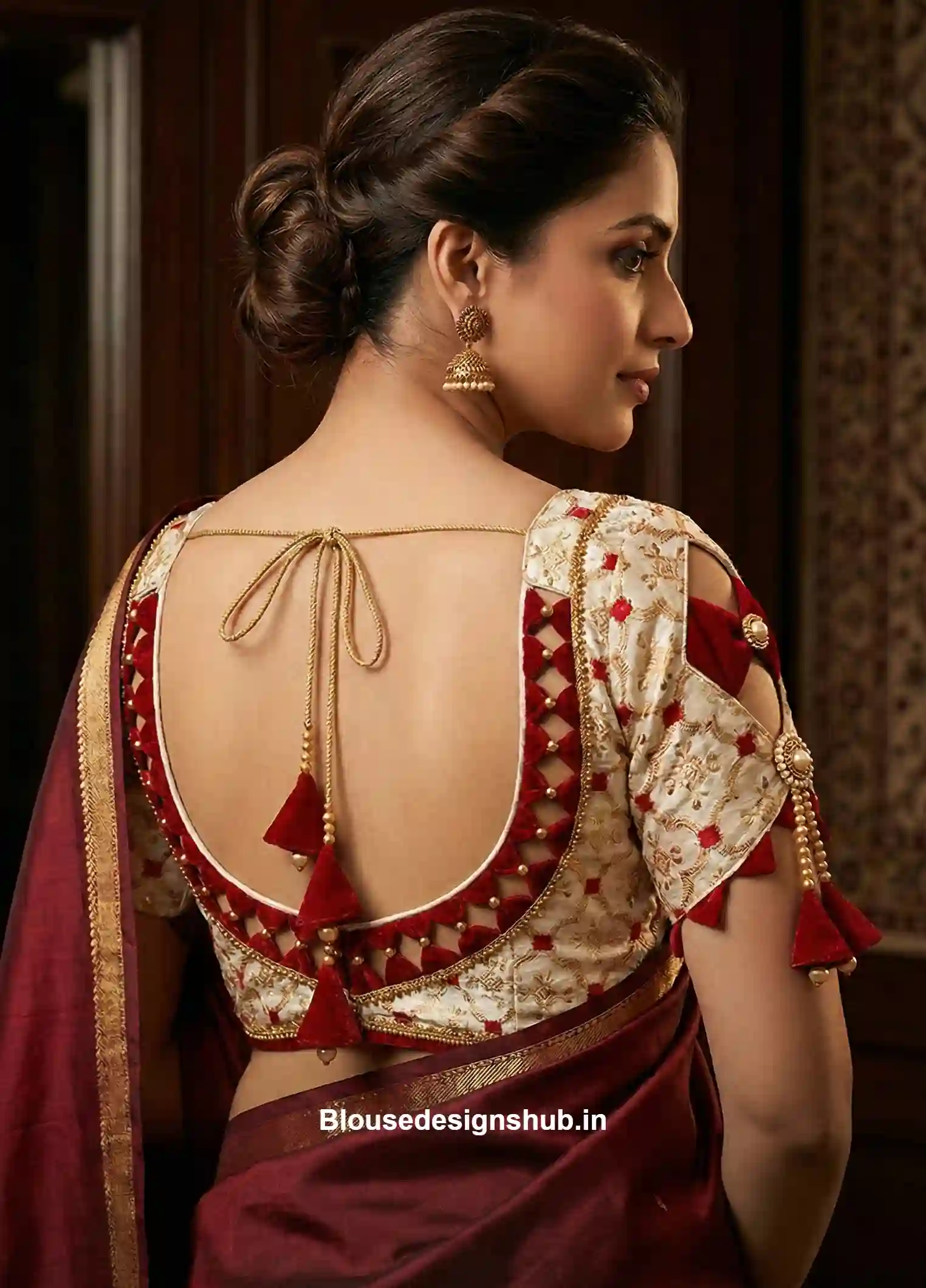 Elegant Red velvet patchwork saree blouse back design