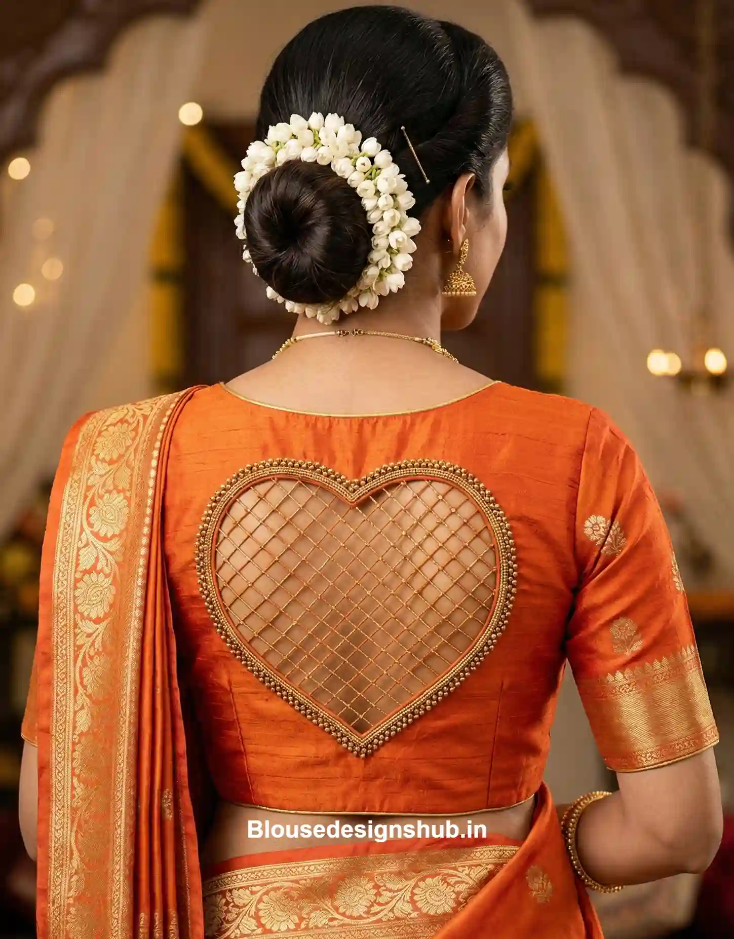 Heart Shape Thread Work Blouse Back Design for Silk Saree