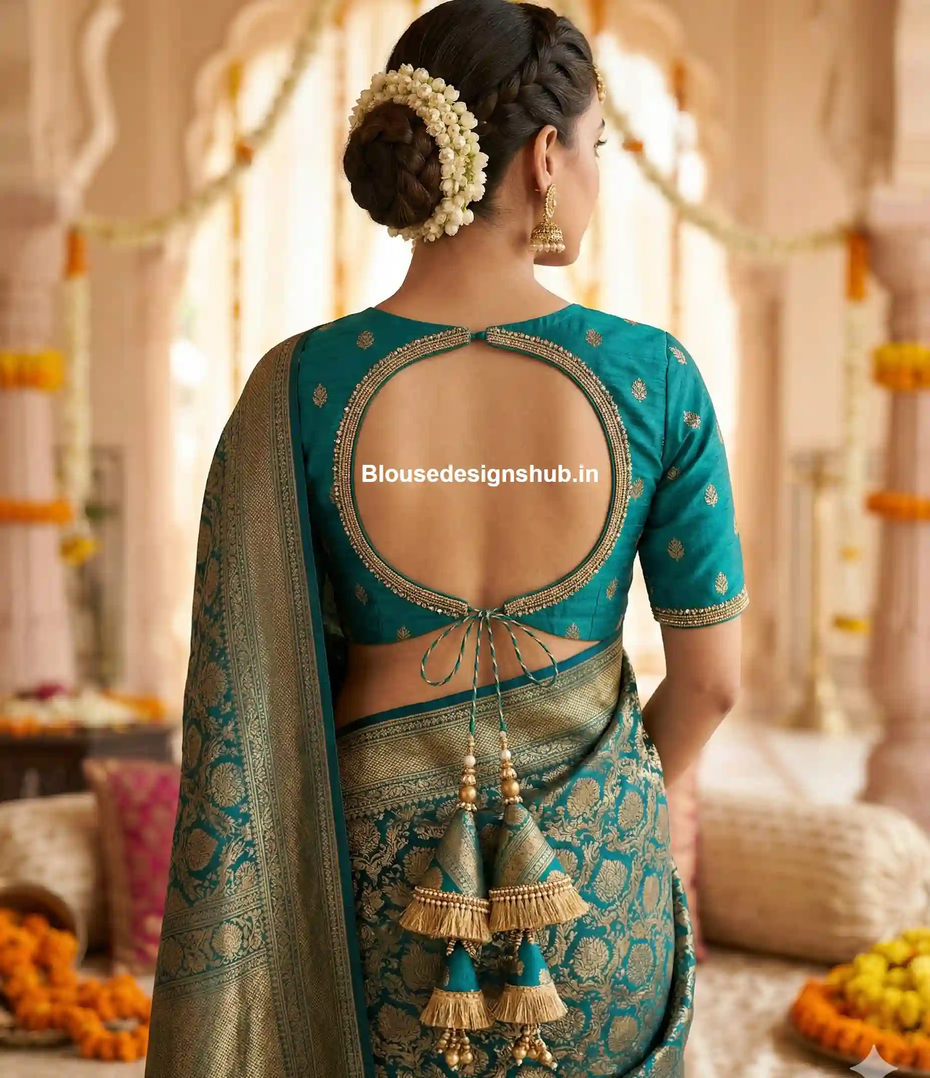 Round Back Blouse Design Green Color with Dori