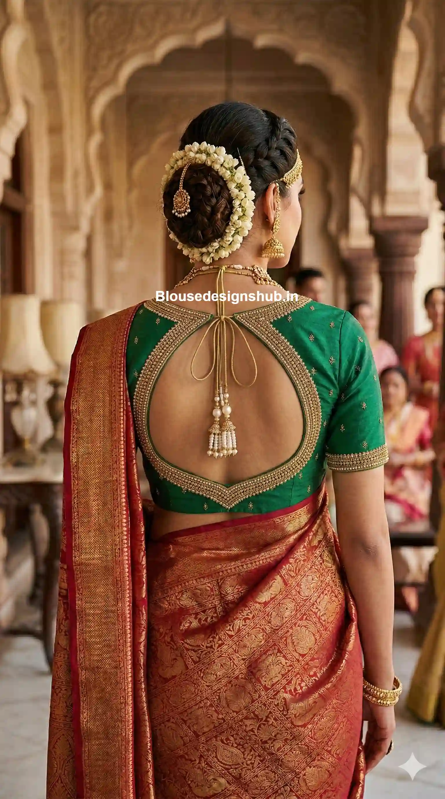 blouse back with structured arc shaped cutout green silk and red saree